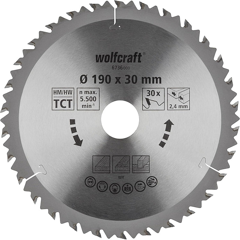 Wolfcraft 1 TCT Circular Saw Blade, D190MM X B30MM X K2.4MM - 30T | 6736000