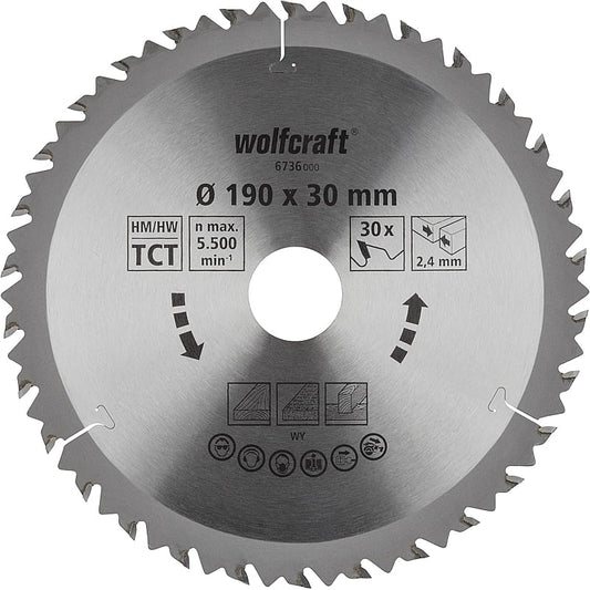 Wolfcraft 1 TCT Circular Saw Blade, D190MM X B30MM X K2.4MM - 30T | 6736000