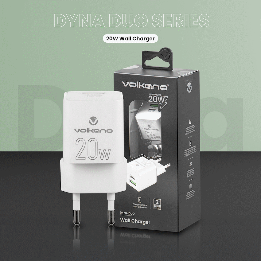 Volkano Dyna Duo 20w PD + QC 3.0 Wall Charger | VK-8058-WT