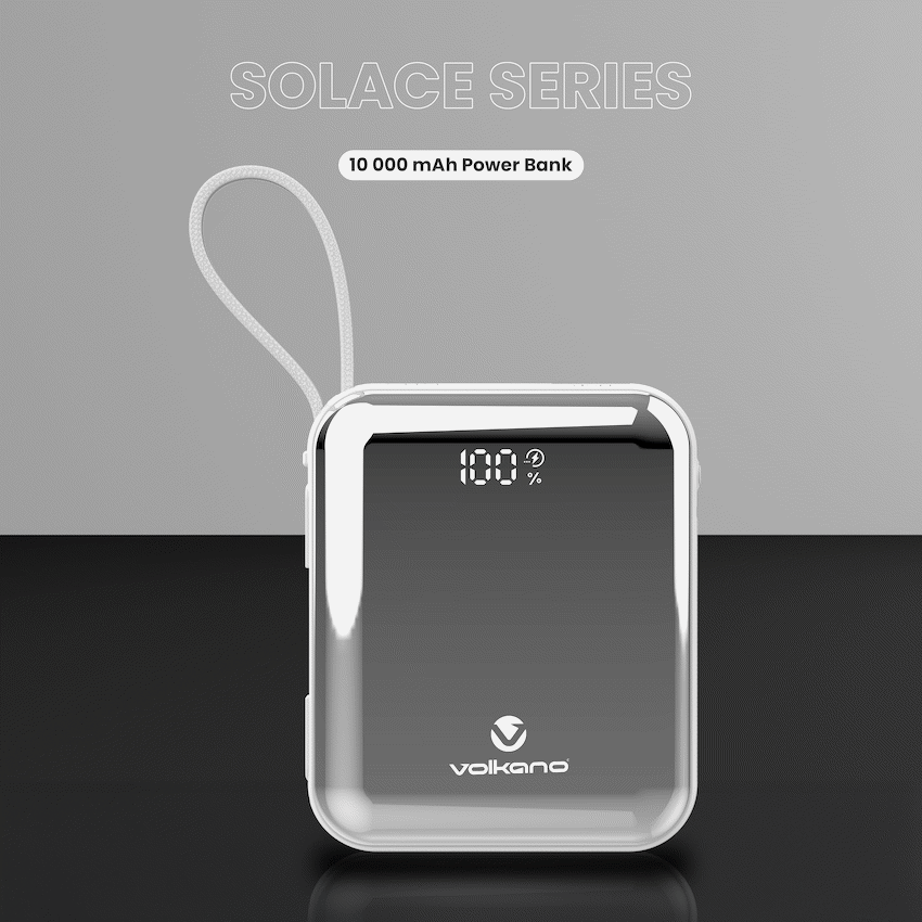 Volkano Solace Series 10 000 mAh Power Bank with Built-in USB-C & Lightning Cable - White & Silver | VK-9039-WT/SL