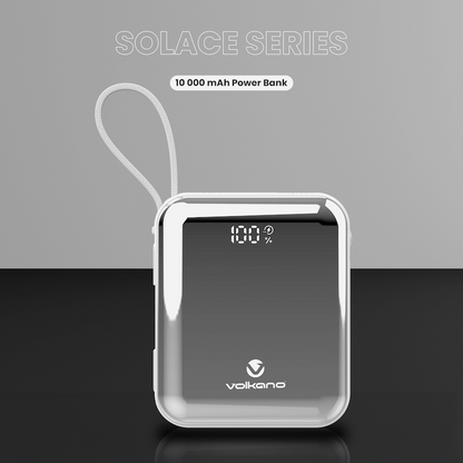 Volkano Solace Series 10 000 mAh Power Bank with Built-in USB-C & Lightning Cable - White & Silver | VK-9039-WT/SL