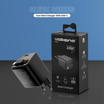 Volkano Sleek Series Fast Wall Charger 45W USB-C with Built-in Retractable 75cm Cable - Black | VK-8082-BK