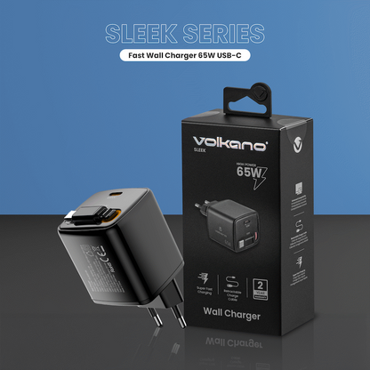 Volkano Sleek Series Fast Wall Charger 65W USB-C with Built-in Retractable 75cm Cable - Black | VK-8083-BK