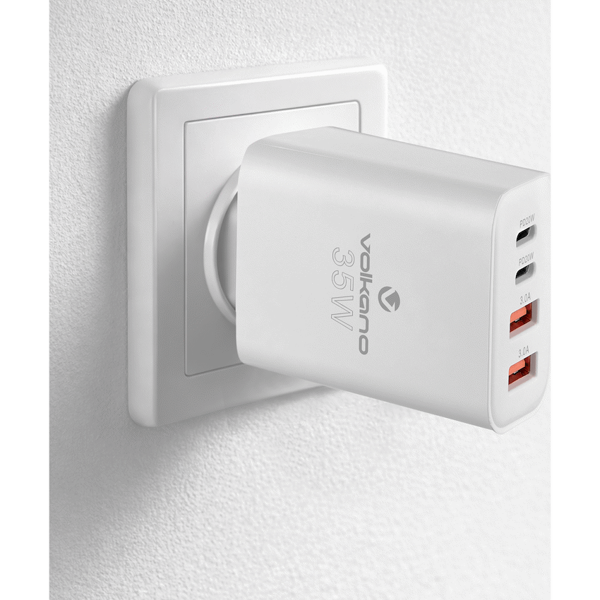 Volkano Quad Series 2x PD USB-C 2x USB-A 3a 35W Wall Charger | VK-8059-WT