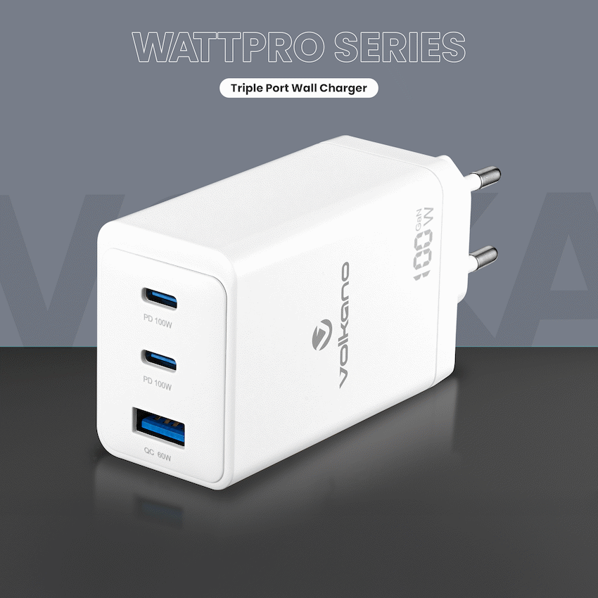 Volkano WattPro Series Triple Port 100W GaN Wall Charger - White | VK-8068-WT