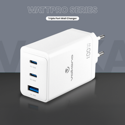 Volkano WattPro Series Triple Port 100W GaN Wall Charger - White | VK-8068-WT