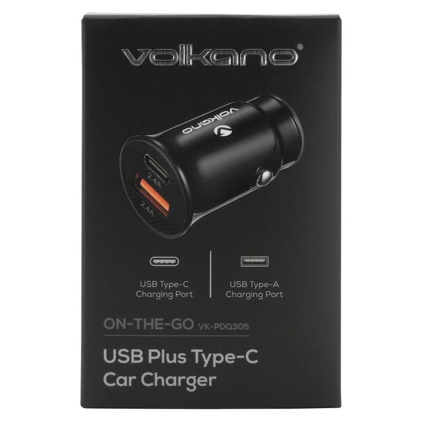 Volkano On-The-Go USB + Type-C 12w Car Charger - Black | VK-PDQ-305-BK