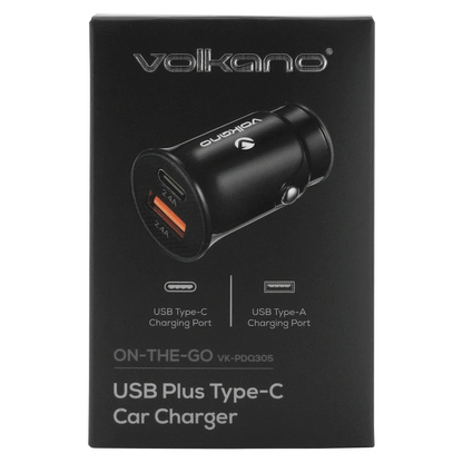 Volkano On-The-Go USB + Type-C 12w Car Charger - Black | VK-PDQ-305-BK