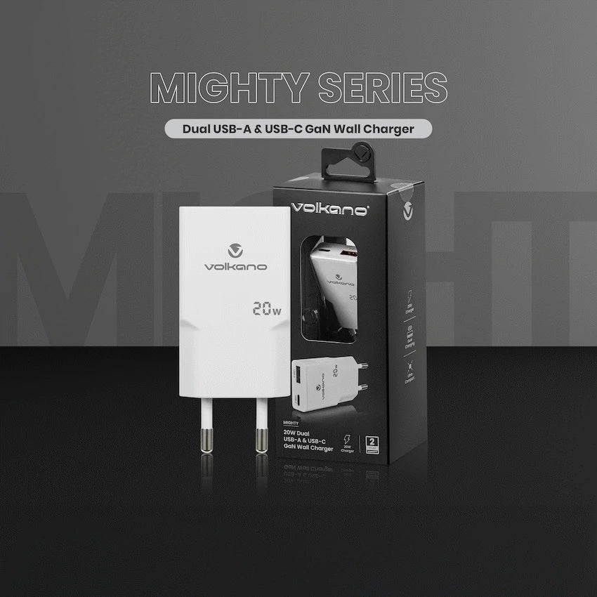 Volkano Mighty Series 20w Dual USB-A & USB-C GaN Wall Charger | Vk-8063-WT