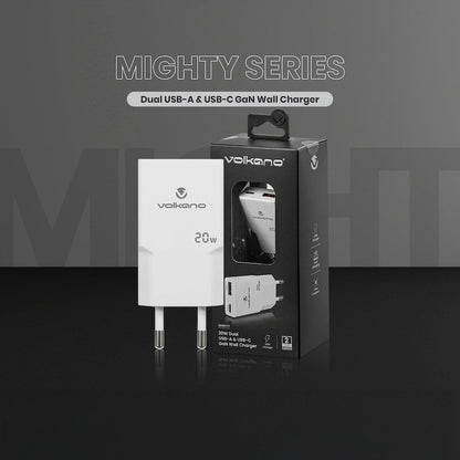 Volkano Mighty Series 20w Dual USB-A & USB-C GaN Wall Charger | Vk-8063-WT