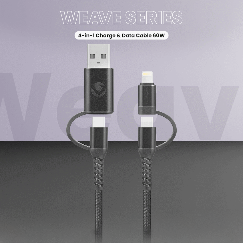 Volkano Weave Series 4-in-1 Charge & Data Cable 60w - 1.2m/4ft | VK-20170-BK