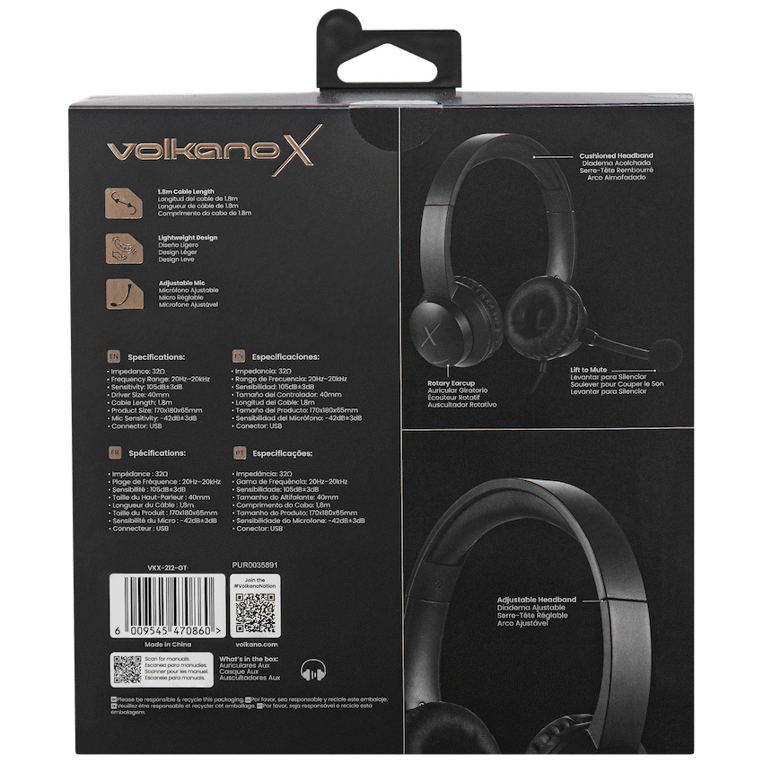 VolkanoX Chat Mk2 Series Wired USB Headset - Graphite | VKX-212-GT