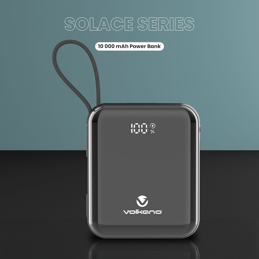 Volkano Solace Series 10 000 mAh Power Bank with Built-in USB-C & Lightning Cable - Black | VK-9039-BK