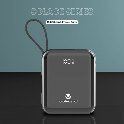 Volkano Solace Series 10 000 mAh Power Bank with Built-in USB-C & Lightning Cable - Black | VK-9039-BK