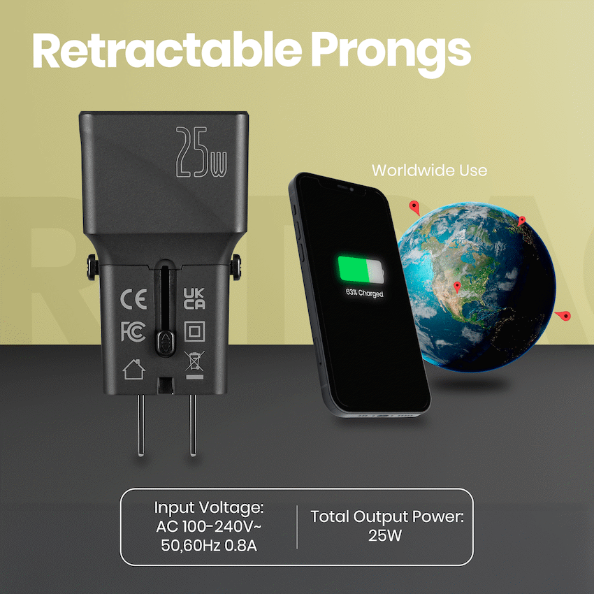Volkano Globetrotter Series 25w Dual USB + Type-C Mini Travel Adaptor | Vk-8028-BK
