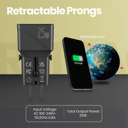Volkano Globetrotter Series 25w Dual USB + Type-C Mini Travel Adaptor | Vk-8028-BK