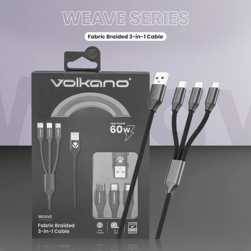 Volkano Weave Series Fabric Braided 3-in-1 (Type-C/Lightning/Micro) Cable 1m - Black | VK-20111-BK