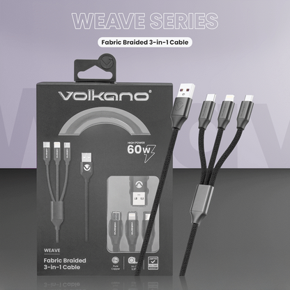 Volkano Weave Series Fabric Braided 3-in-1 (Type-C/Lightning/Micro) Cable 1m - Black | VK-20111-BK