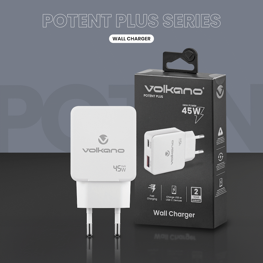 Volkano Potent Plus series 45W GaN Compact Dual USB and USB-C PD Wall Charger | VK-8054-WT[V2]