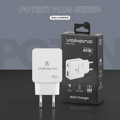 Volkano Potent Plus series 45W GaN Compact Dual USB and USB-C PD Wall Charger | VK-8054-WT[V2]