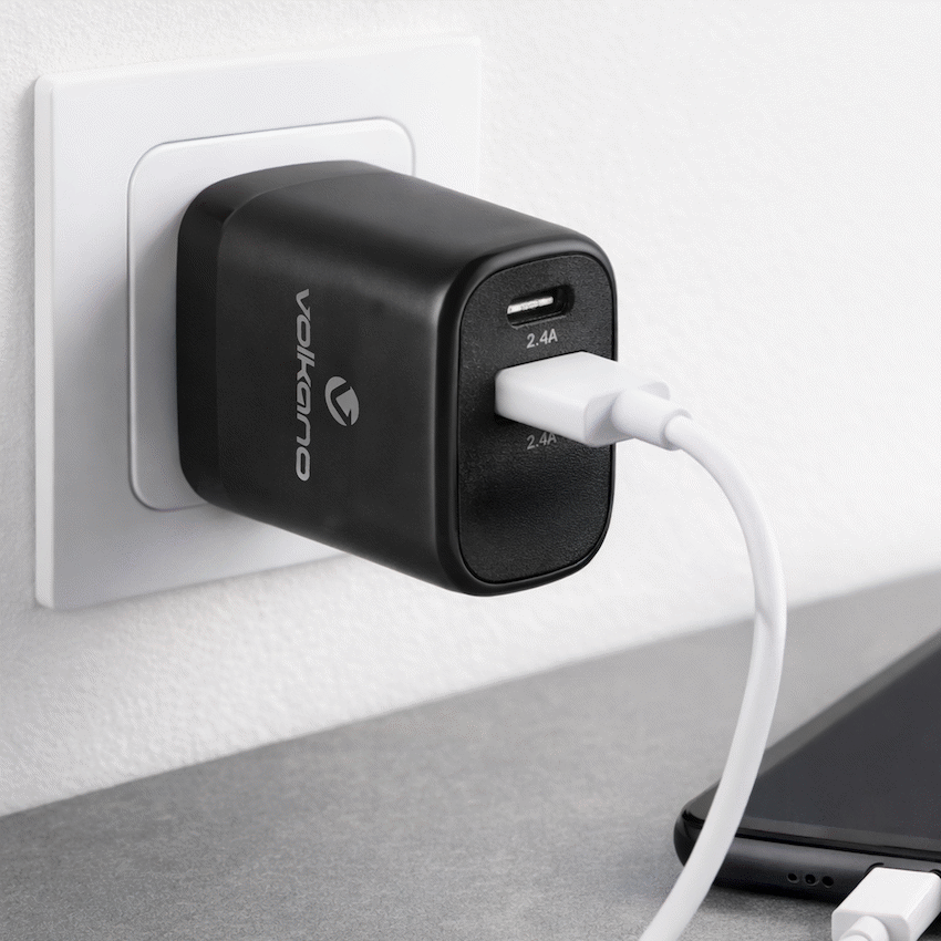 Volkano Volt-C Series Dual USB and USB-C Wall Charger with USB to USB-C Cable Included | VK-5002C-BK[V2]