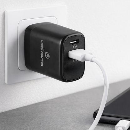 Volkano Volt-C Series Dual USB and USB-C Wall Charger with USB to USB-C Cable Included | VK-5002C-BK[V2]