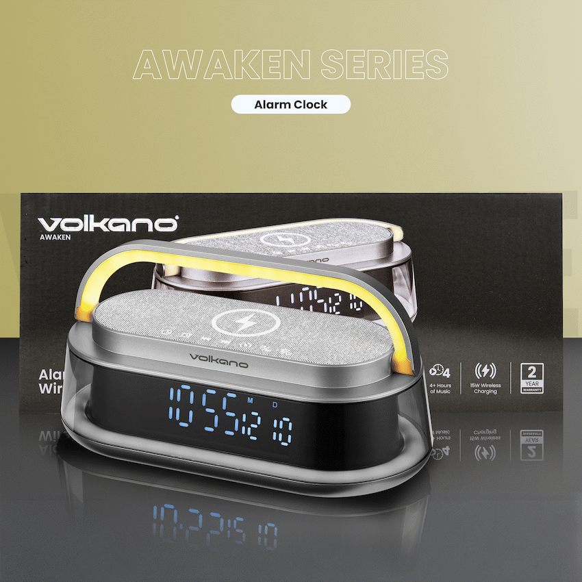 Volkano Awaken Series Alarm Clock with Wireless Charging and Speaker | VK-3129-GR