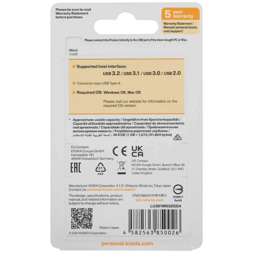 Kioxia TransMemory U301 32GB USB 3.2 Gen 1 Type-A Flash Drive (White) | LU301W032GG4