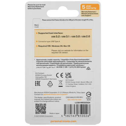Kioxia TransMemory U301 32GB USB 3.2 Gen 1 Type-A Flash Drive (White) | LU301W032GG4