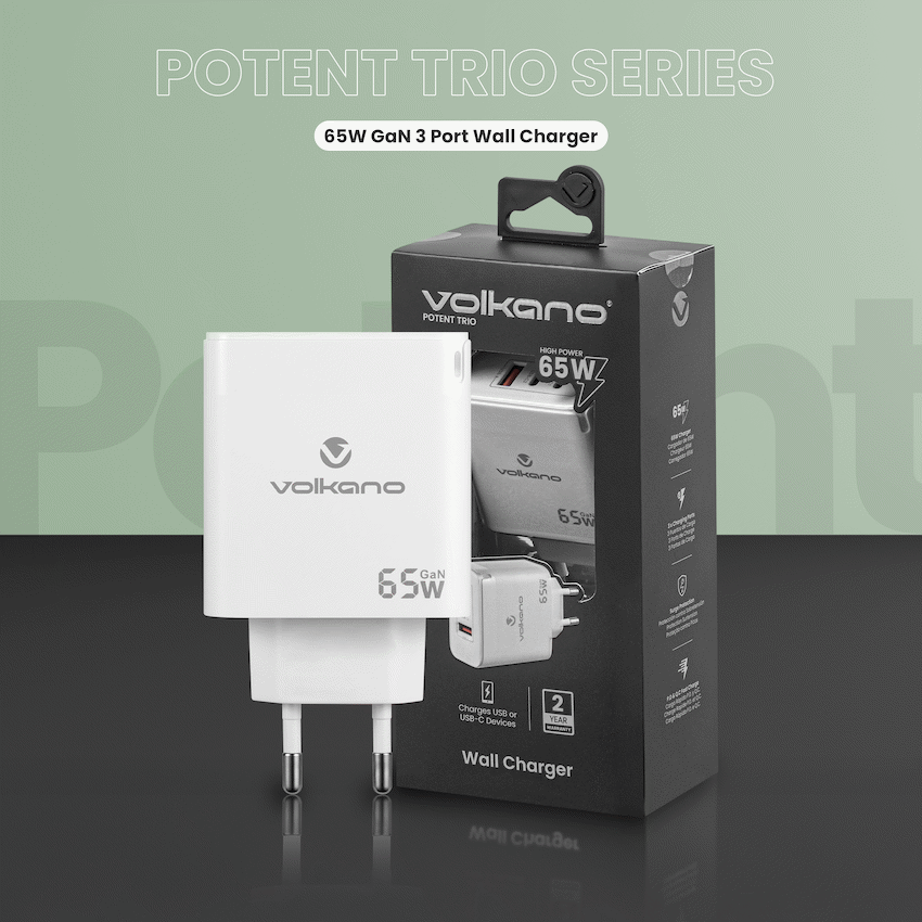 Volkano Potent Trio 65w GaN 3 Port Wall Charger | VK-8065-WT