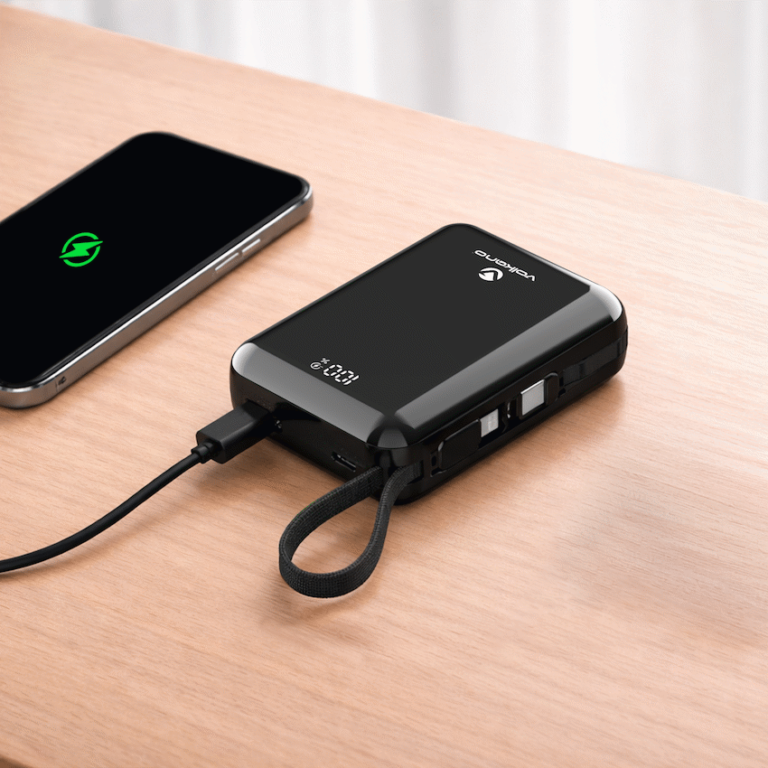 Volkano Solace Series 20 000 mAh Power Bank with Built-in USB-C & Lightning Cable - Black | VK-9040-BK