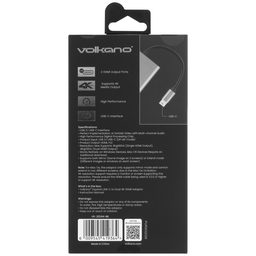 Volkano Expand Series USB-C to Dual 4K HDMI Adaptor | VK-20244-BK