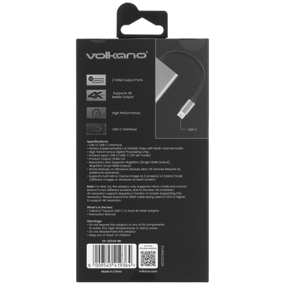 Volkano Expand Series USB-C to Dual 4K HDMI Adaptor | VK-20244-BK
