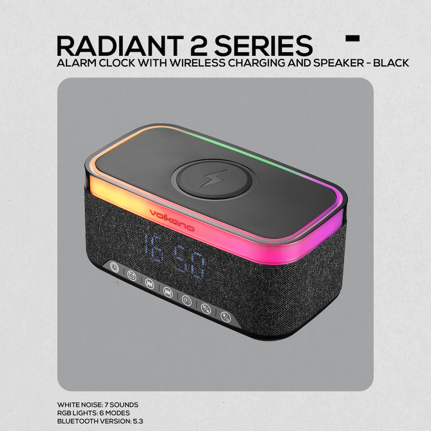Volkano Radiant 2 Alarm Clock with Wireless Charging and Speaker - Black | VK-3135-BK[V2]