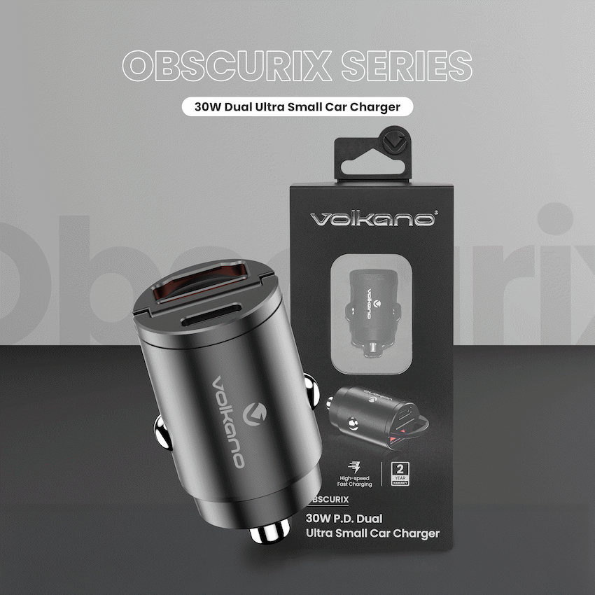 Volkano Obscurix Series 30w PD Dual USB-A and USB-C Ultra Small Car Charger | VK-8007-BK