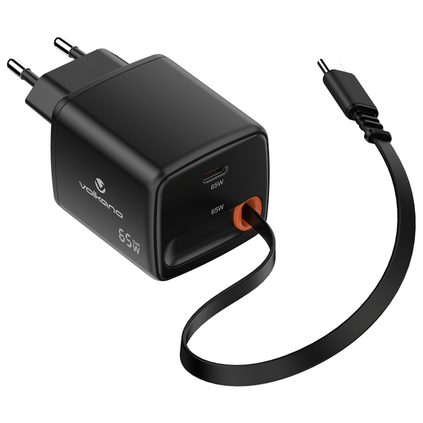 Volkano Sleek Series Fast Wall Charger 65W USB-C with Built-in Retractable 75cm Cable - Black | VK-8083-BK