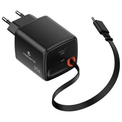 Volkano Sleek Series Fast Wall Charger 65W USB-C with Built-in Retractable 75cm Cable - Black | VK-8083-BK