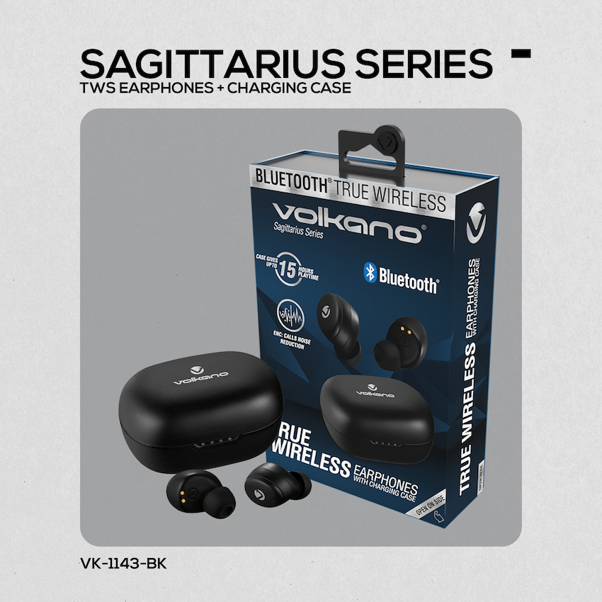 Volkano Sagittarius Series TWS Earphones + Charging Case - Black | VK-1143-BK