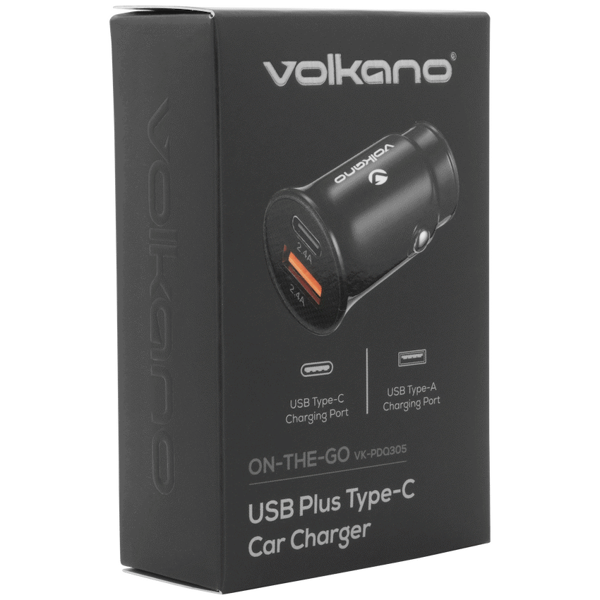 Volkano On-The-Go USB + Type-C 12w Car Charger - Black | VK-PDQ-305-BK
