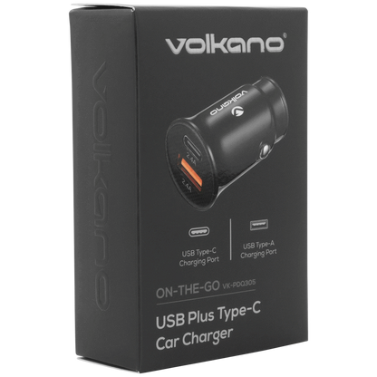 Volkano On-The-Go USB + Type-C 12w Car Charger - Black | VK-PDQ-305-BK