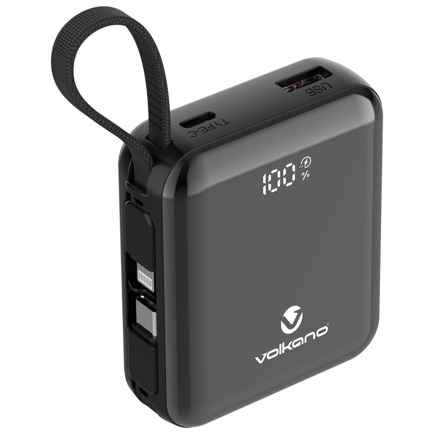 Volkano Solace Series 10 000 mAh Power Bank with Built-in USB-C & Lightning Cable - Black | VK-9039-BK