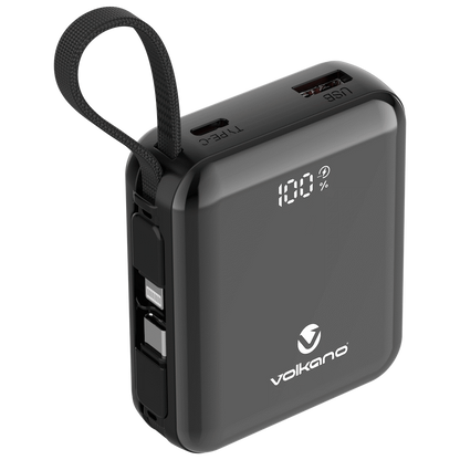 Volkano Solace Series 10 000 mAh Power Bank with Built-in USB-C & Lightning Cable - Black | VK-9039-BK