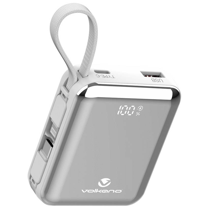 Volkano Solace Series 10 000 mAh Power Bank with Built-in USB-C & Lightning Cable - White & Silver | VK-9039-WT/SL