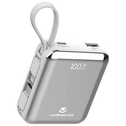 Volkano Solace Series 10 000 mAh Power Bank with Built-in USB-C & Lightning Cable - White & Silver | VK-9039-WT/SL