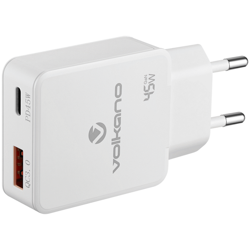 Volkano Potent Plus series 45W GaN Compact Dual USB and USB-C PD Wall Charger | VK-8054-WT[V2]