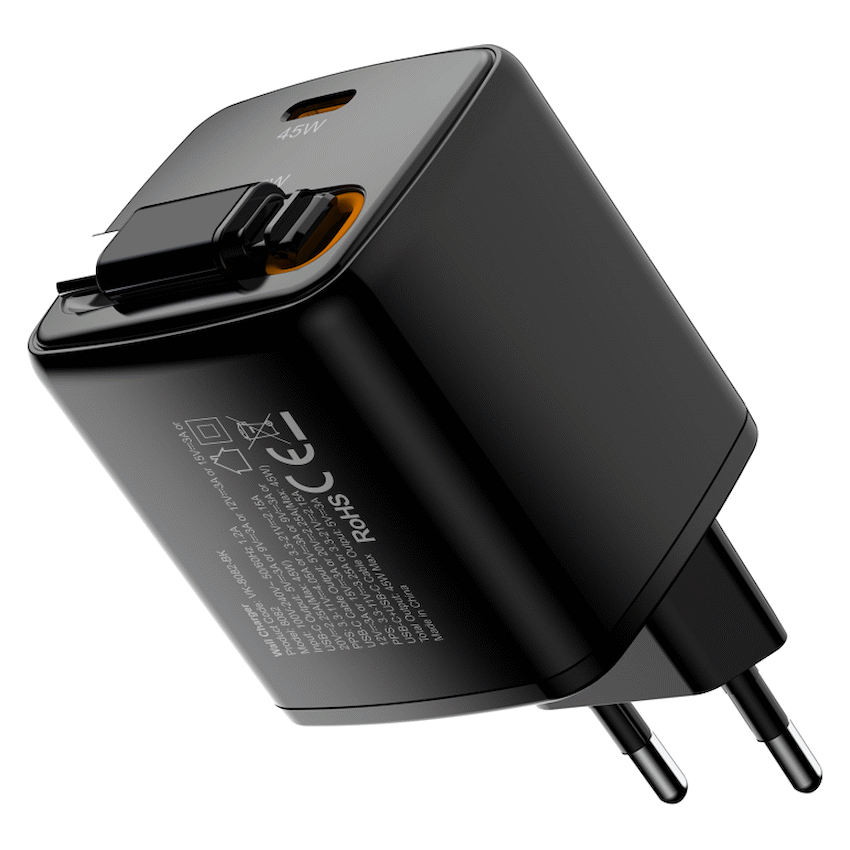 Volkano Sleek Series Fast Wall Charger 45W USB-C with Built-in Retractable 75cm Cable - Black | VK-8082-BK