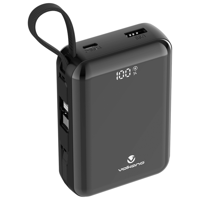 Volkano Solace Series 20 000 mAh Power Bank with Built-in USB-C & Lightning Cable - Black | VK-9040-BK