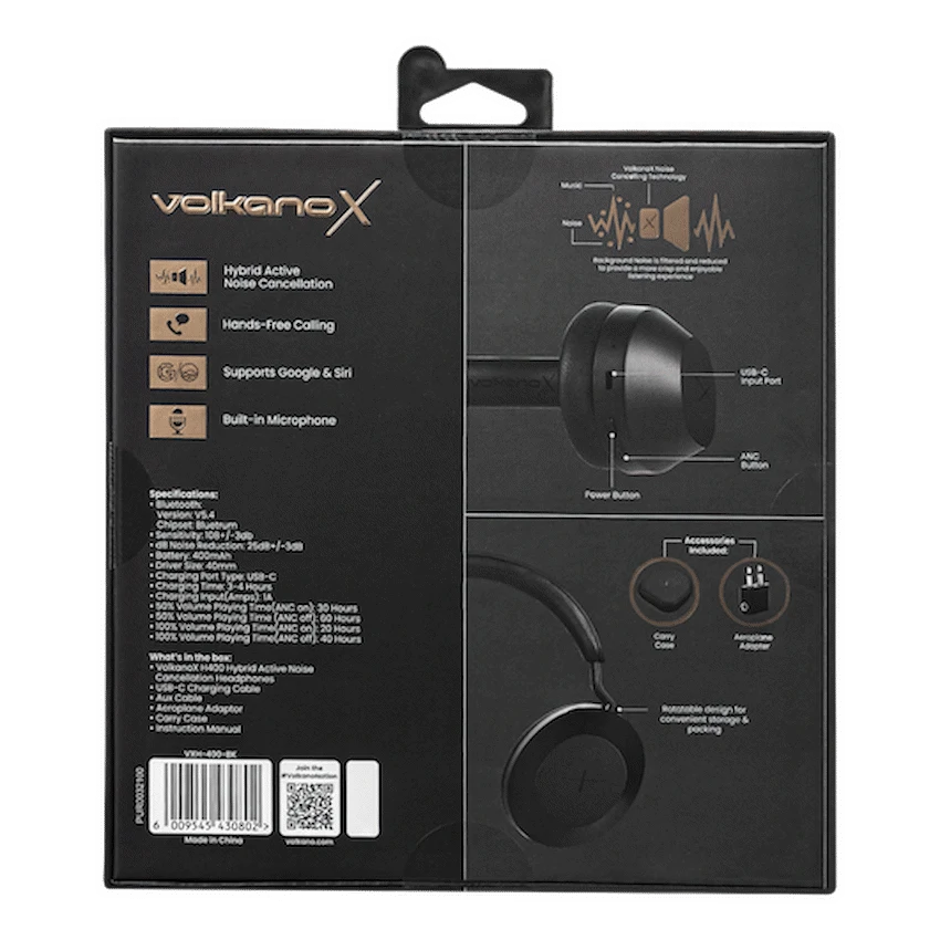 VolkanoX H400 Hybrid Active Noise Cancellation Headphones - Black | VXH-400-BK