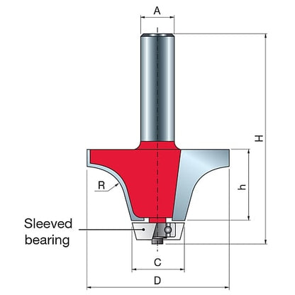 Freud Roundover Bowl Router Bit, D-50.8mm x h-25.4mm x H-73.6mm x C-19.1mm x R-12.7mm x A-1/2" | 85-00150P