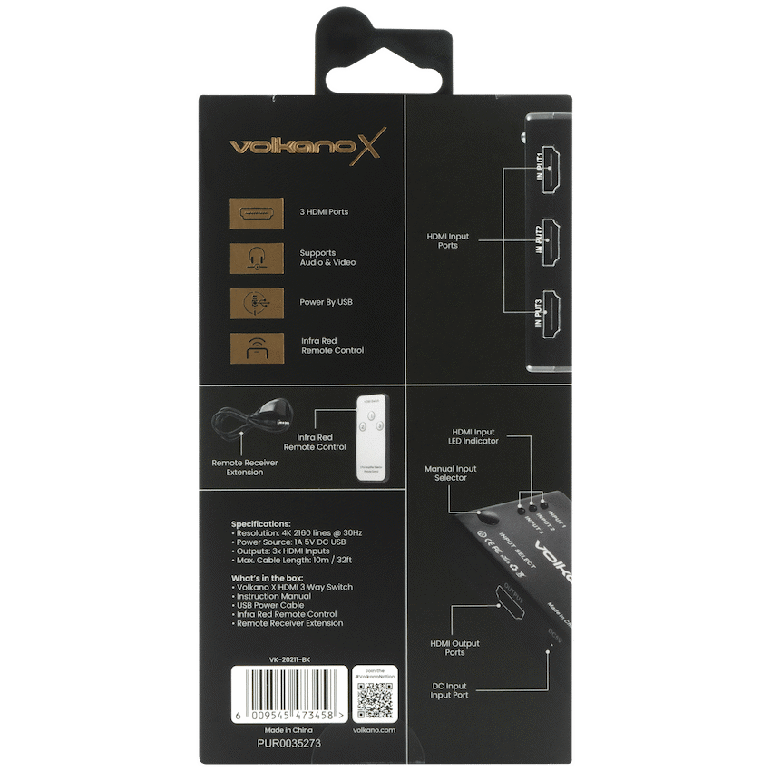 VolkanoX Define Series HDMI Switch 3-Way | VK-20211-BK